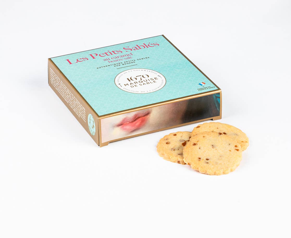 Scatola di biscotti sablé al caramello salato